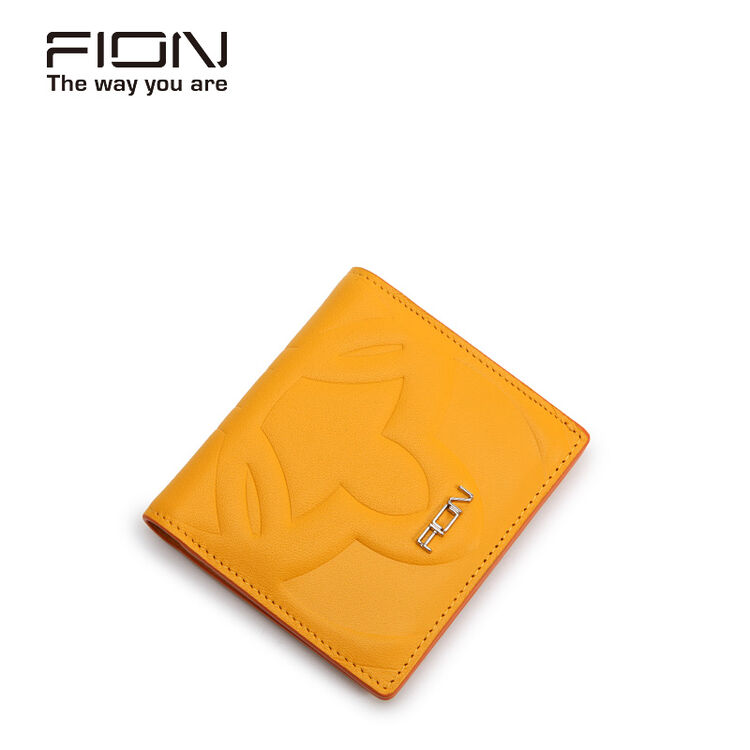 fion/菲安妮钱包女短款 休闲搭扣牛皮小钱夹 时尚真皮迷你小手包 黄色