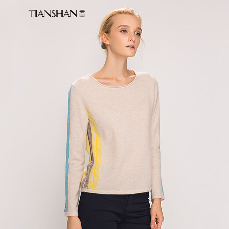 天山tianshan 羊绒衫女款山羊绒拼色休闲套头羊绒衫 lt12hd10g 浅米色