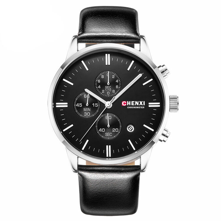 晨曦(chenxi)手表男士商务石英表防水皮带手表运动时尚男手表腕表 银