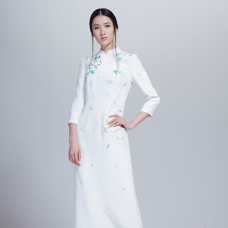 tiger东北虎长款立领长袖修身丝绵旗袍 白色 m