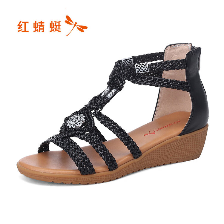 红蜻蜓女鞋2018夏季波西米亚凉鞋女学生平底 黑色 38