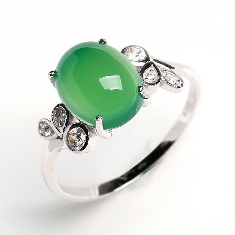 铭伽 开光 925银镶嵌绿玉髓戒指 时尚女款玉石指环