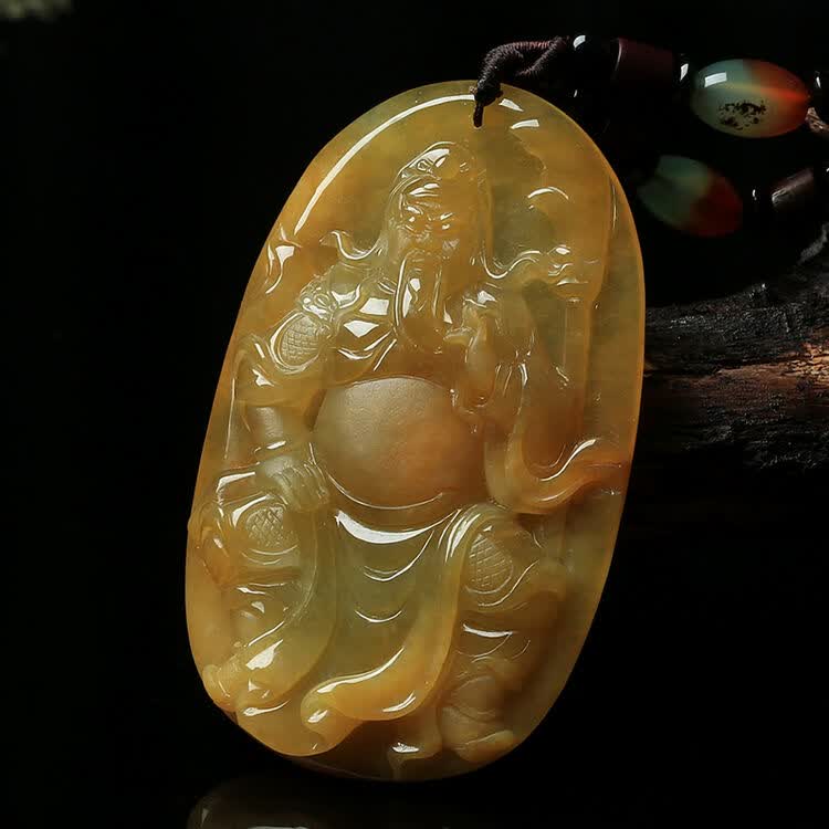 玉等我 翡翠关公吊坠冰糯种黄翡仁义关公玉坠挂件