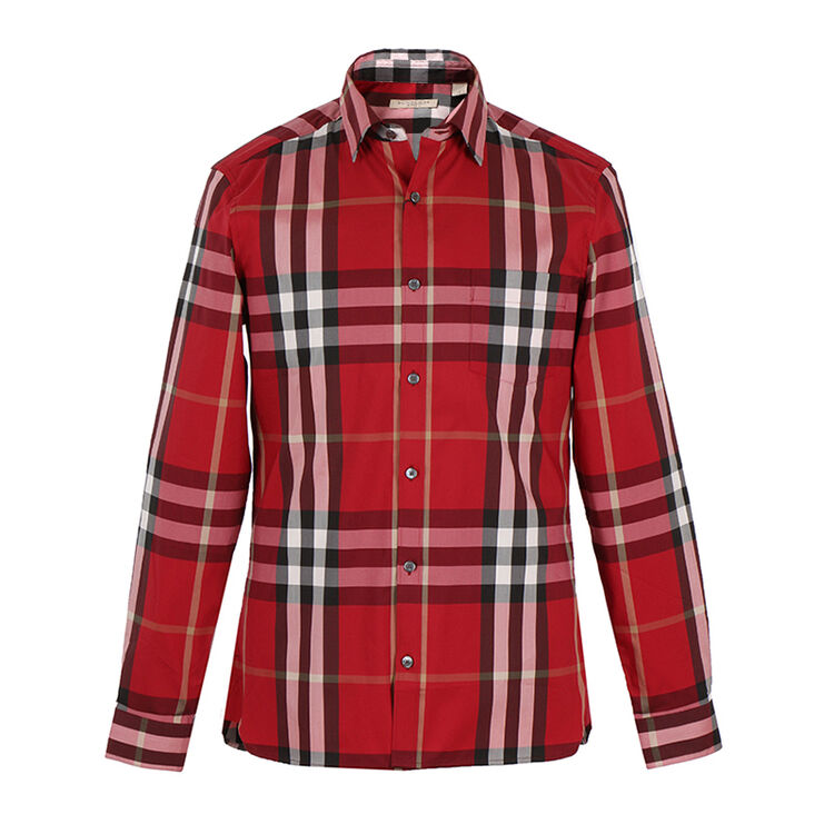 burberry 巴宝莉 男款红色格纹棉锦纶氨纶长袖衬衫 45547111 l码
