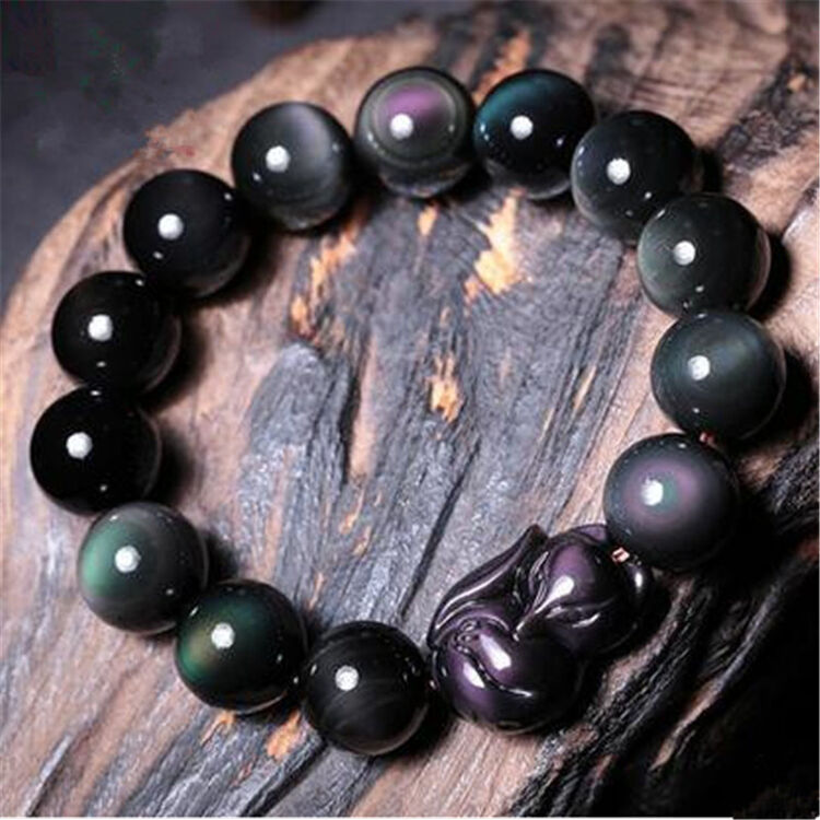 涵钰福 冰彩黑曜石小狐狸手链手串 10毫米