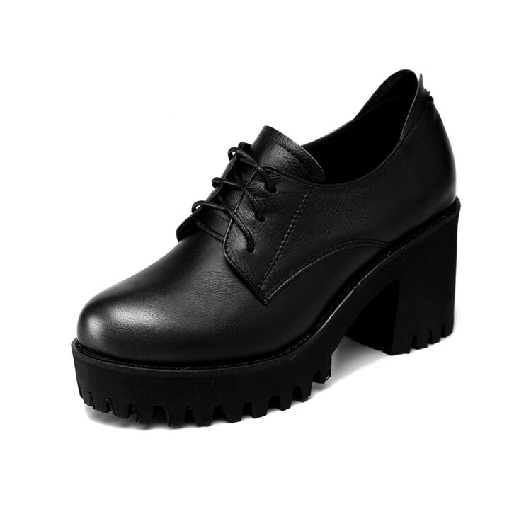 千佰莉(qin&beale)粗跟高跟鞋圆头百搭春秋英伦复古百搭小皮鞋系带