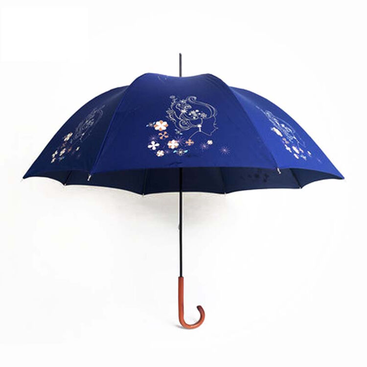 时尚 女士花朵拱形晴雨伞 木头柄长柄伞 蓝色
