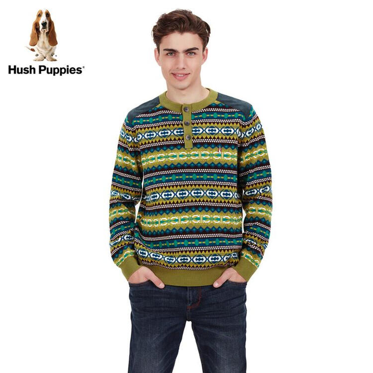 【反季清仓】hushpuppies暇步士男装圆领条纹提花男士针织衫|pw-25701