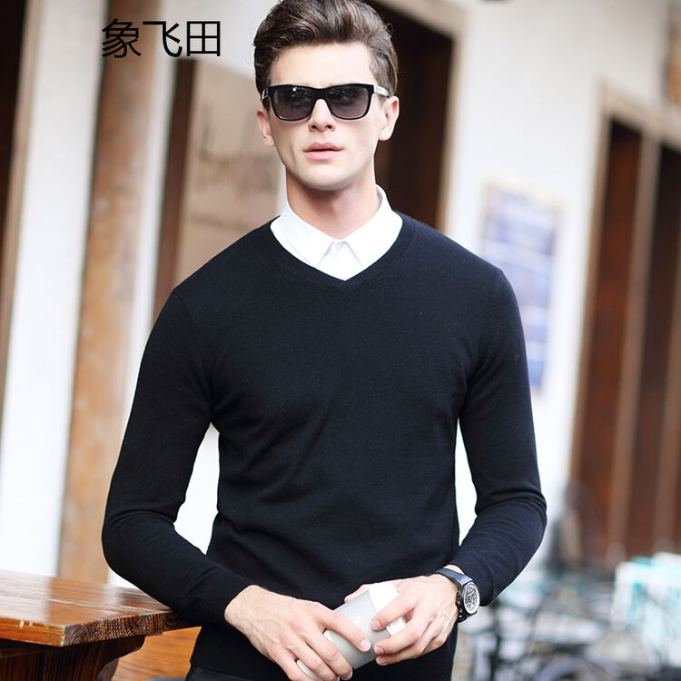 象飞田 男士v领羊毛衫时尚纯色薄款毛衣男装100%全羊毛针织衫秋冬毛衣