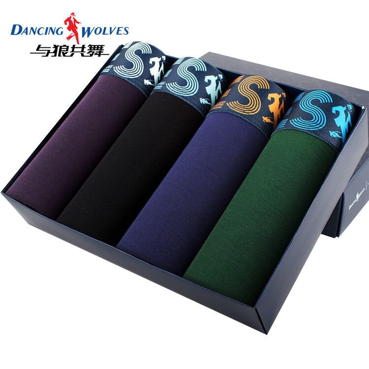 与狼共舞男士内裤 男平角裤舒适透气中腰四角裤u凸短裤头 4条盒装 m