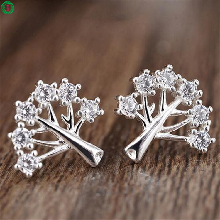 聊翠阁 925银许愿树日韩版简约气质镶水钻耳环耳饰品 耳钉女