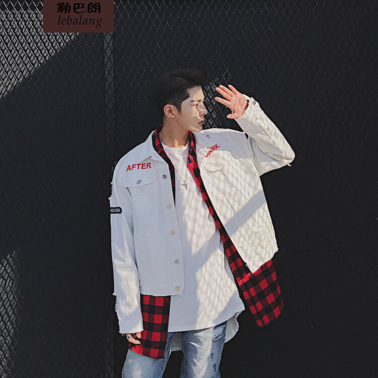 勒巴朗夹克男2017春秋新款男装外套休闲薄修身衣服潮印花短款牛仔