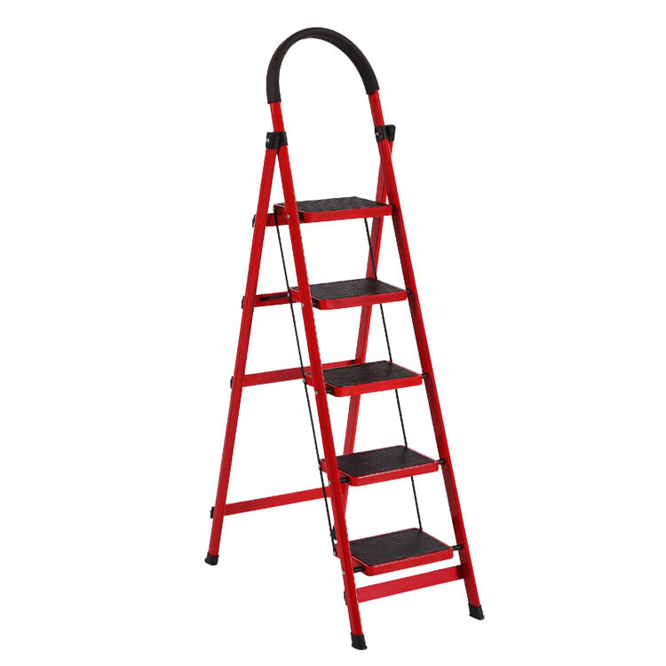 家用折叠梯加厚加粗防滑踏板人字梯 碳钢大踏板带工具架五步梯红色