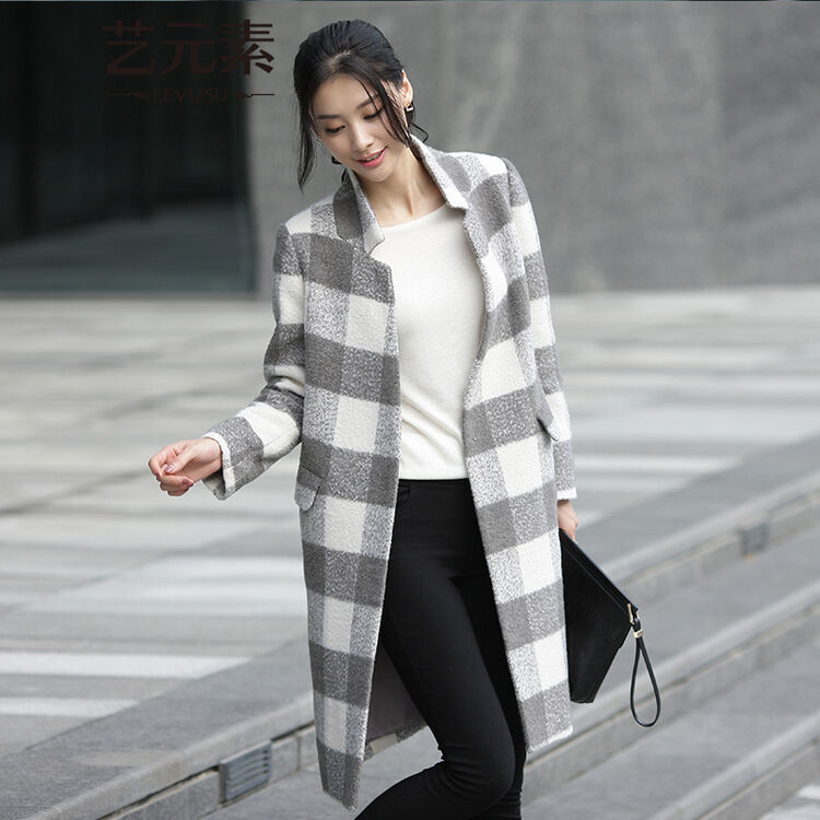 秋冬装新款个性立领气质优雅格子毛呢外套中长款大衣e6waj038 灰色x0