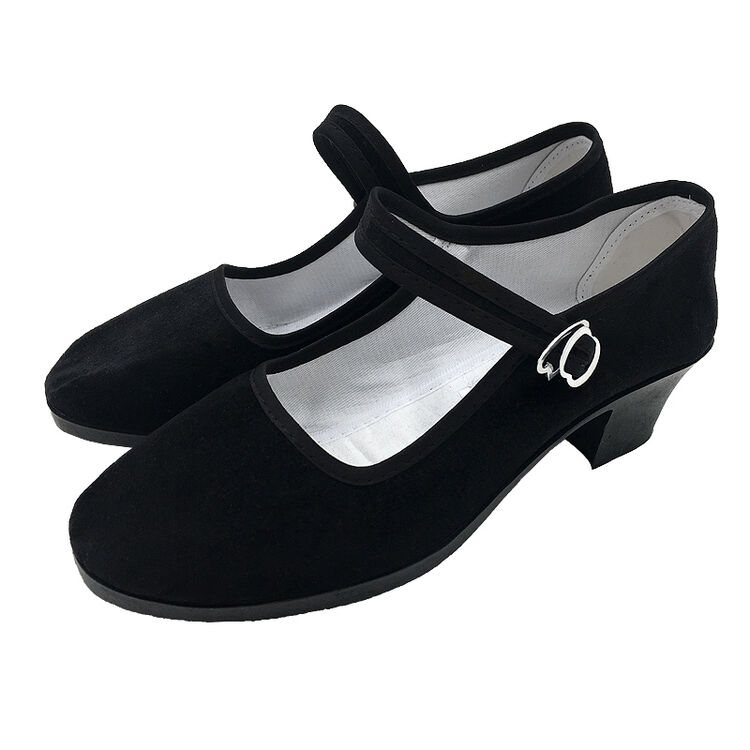 平底绒面民间舞鞋广场舞蹈鞋 舒适带跟布鞋软底舞蹈鞋工作鞋 黑色 30