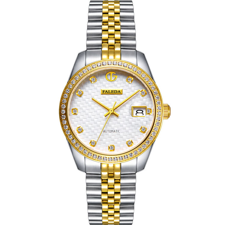 飞力达背透全自动机械表情侣表单日历防水手表6634间金白面色女款一只