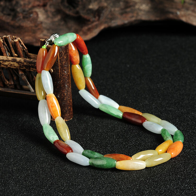 大唐滴翠 三彩米珠串珠项链 优雅女士项饰翡翠项链配证书