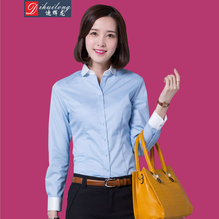 迪辉龙女士长袖衬衫蓝色撞色小圆领韩版职业商务修身面试工作正装 钴