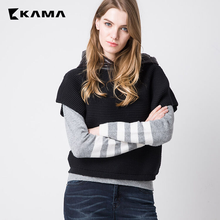 卡玛kama春季毛针织衫女连帽套头短袖百搭黑毛衣7316457 黑色 s