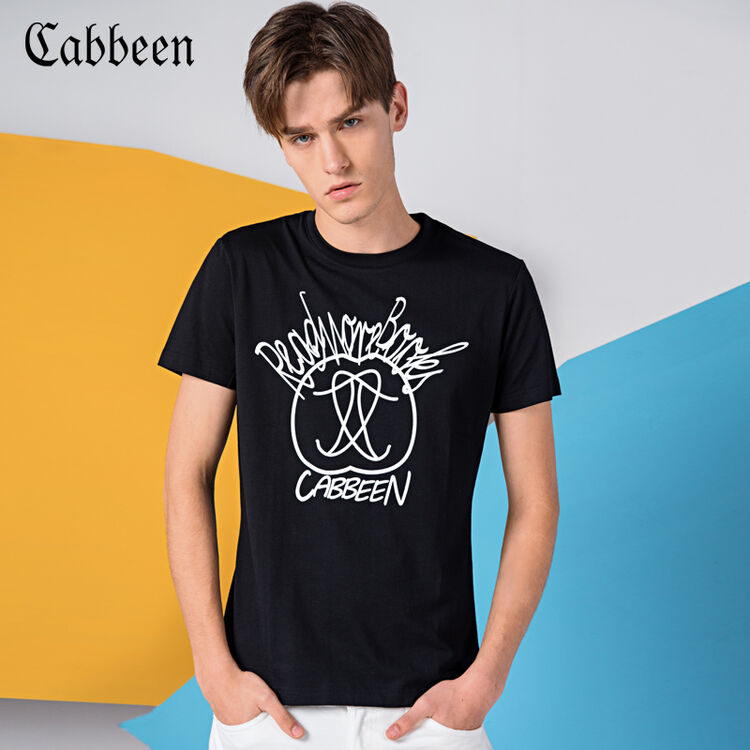 卡宾cabbeen 夏季新品 休闲男士字母印花圆领纯棉短袖t恤b/3172132013