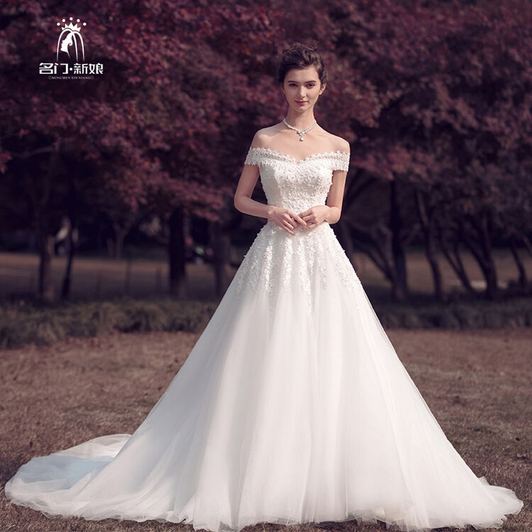 名门新娘婚纱礼服 新娘 长拖尾一字肩婚纱新娘 婚礼白色婚纱2746 白色