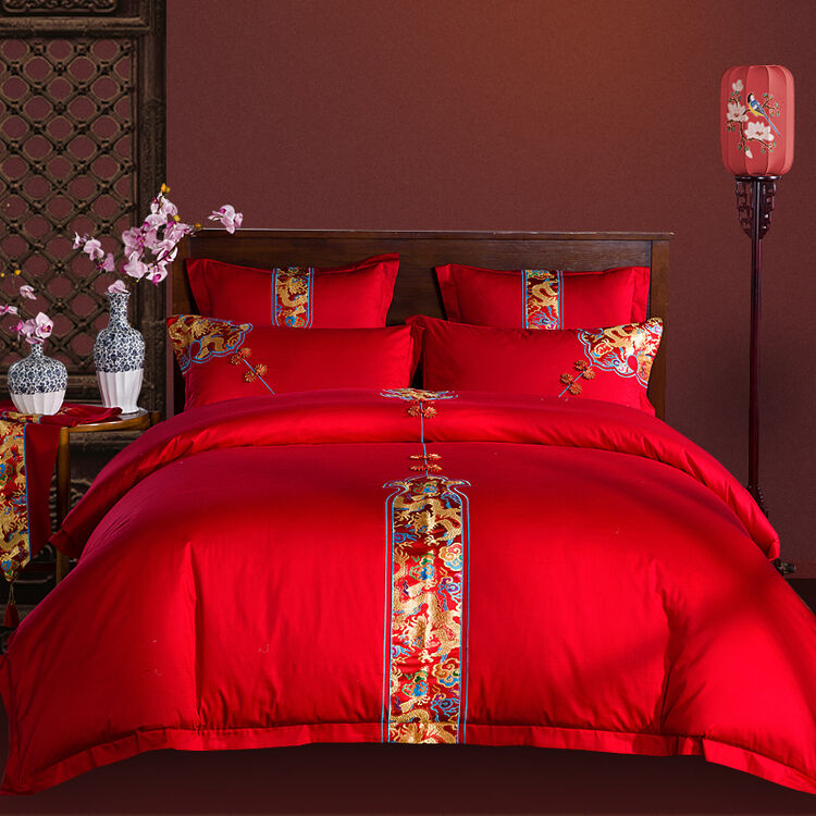 艾维家纺 婚庆四件套新婚床上用品大红四件套结婚六件套新婚房床品 1.