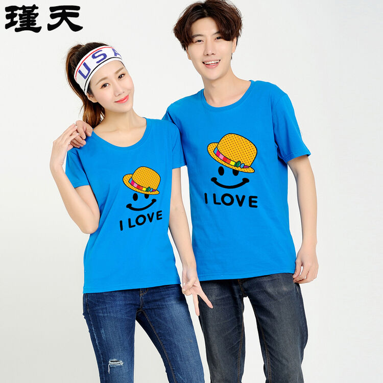 情侣装男女同款短袖t恤夏季休闲圆领短袖体恤衫 卡通图案男女t恤 湖