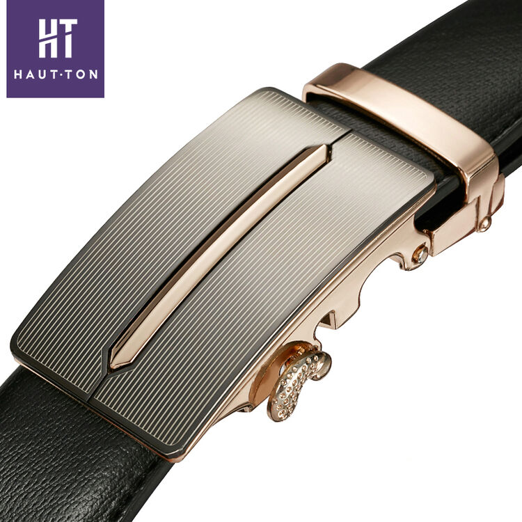 皓顿(hautton) 男士牛皮皮带 自动扣牛皮商务休闲腰带男款裤带 金色扣