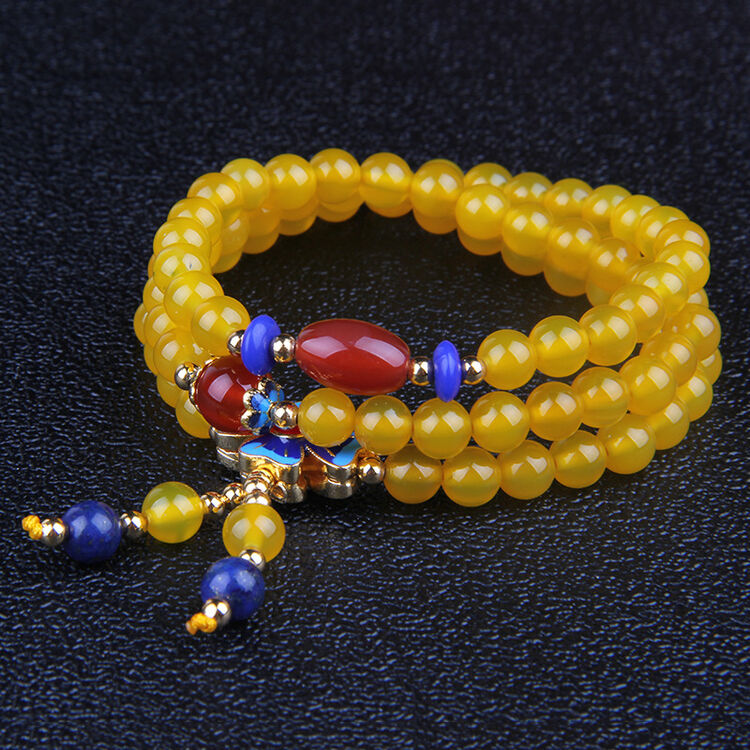 沐森天然黄玛瑙三圈手链 diy时尚女士佛珠手链