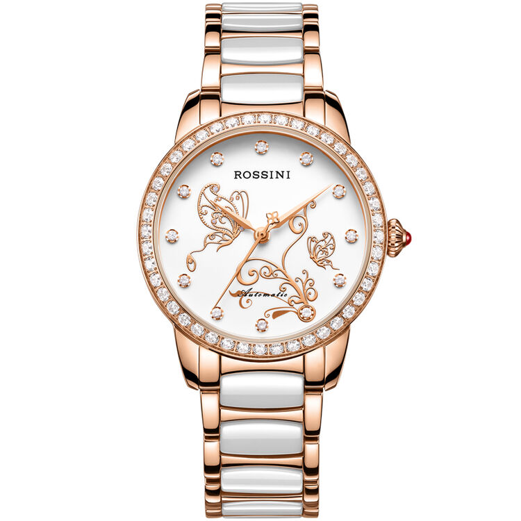 罗西尼(rossini)手表钟表典美时尚系列镶钻间金陶瓷表带自动机械女表