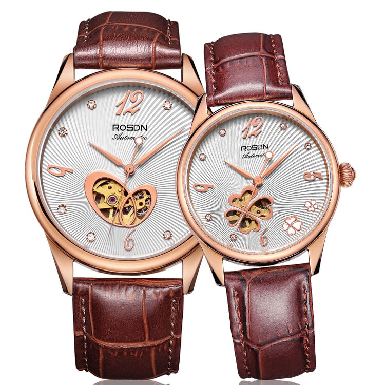 劳士顿(rosdn)情侣对表机械表情侣手表一对2061gl 高贵玫金棕皮情侣对