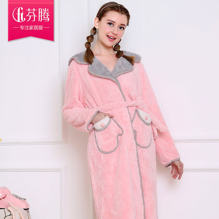 芬腾睡衣女2017秋冬季韩版宽松珊瑚绒睡袍冬天可爱法兰绒居家服 粉红