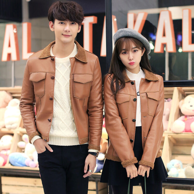 诺诱2016春装情侣毛领pu皮衣男女学生短外套夹克 卡其色 l