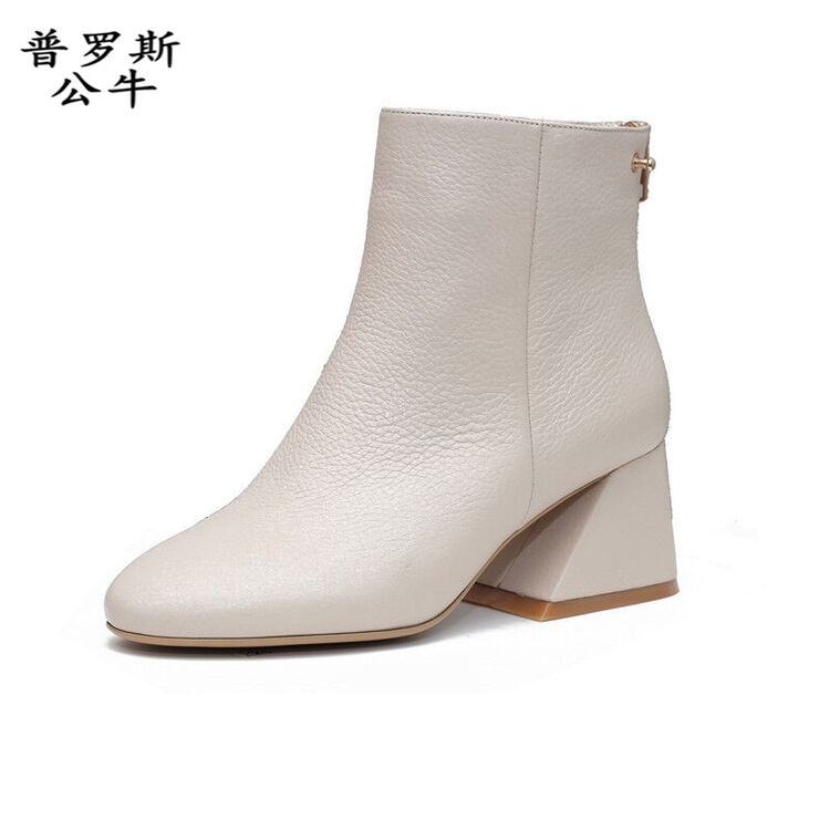 普罗斯公牛 英伦真皮女短靴秋冬单靴女鞋靴子女士高跟靴冬粗跟女靴
