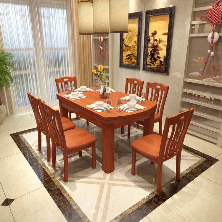 可伸缩实木餐桌椅组合 餐桌餐椅套装 圆形饭桌子 海棠色(1