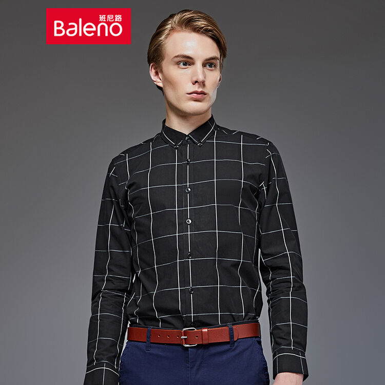 班尼路baleno男装秋款 经典大格子衬衫男装 休闲纯棉长袖衬衣男 黑色