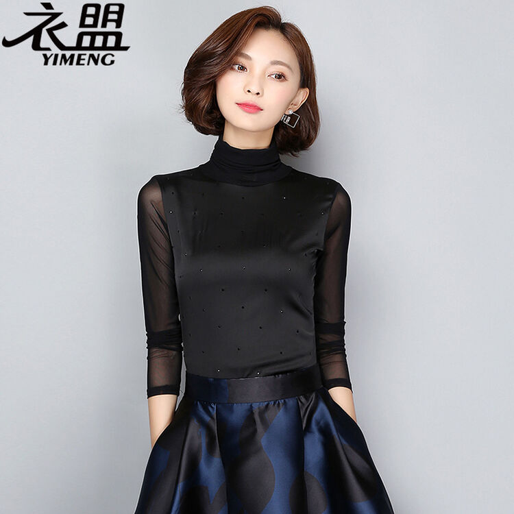衣盟2016新款秋冬高领长袖t恤上衣大码女装雪纺衫打底衫女8011 黑色