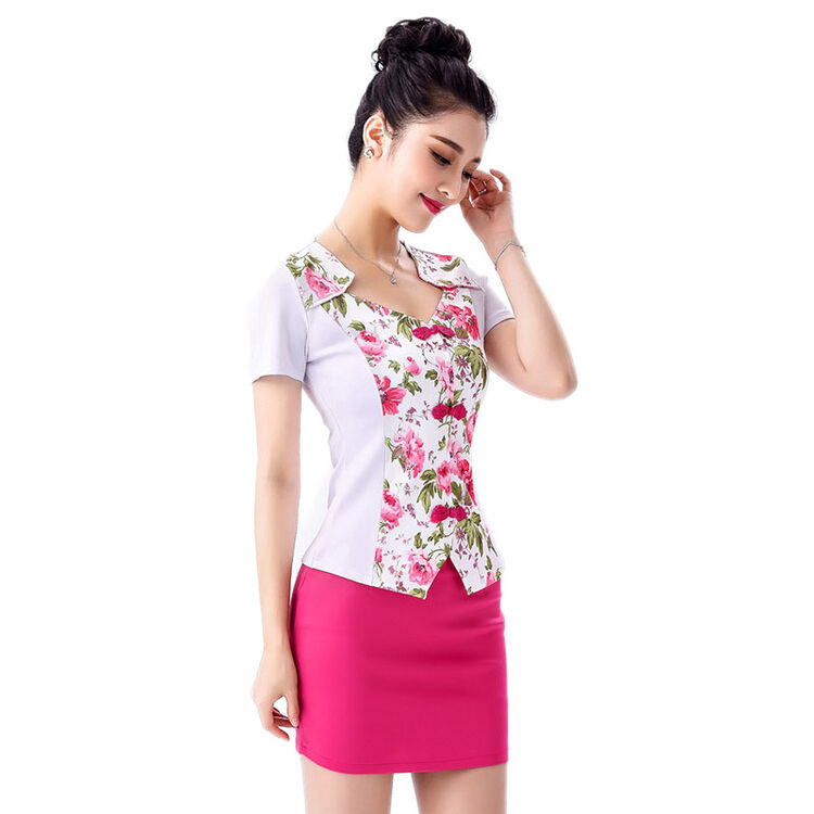 慕兰欧 花纹技师工衣套装短裙套装按摩技师工作服套装 玫红色 s