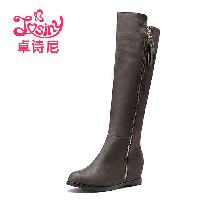 卓诗尼冬季新款欧美高跟内增高圆头高筒绒里骑士靴164174514 深灰色