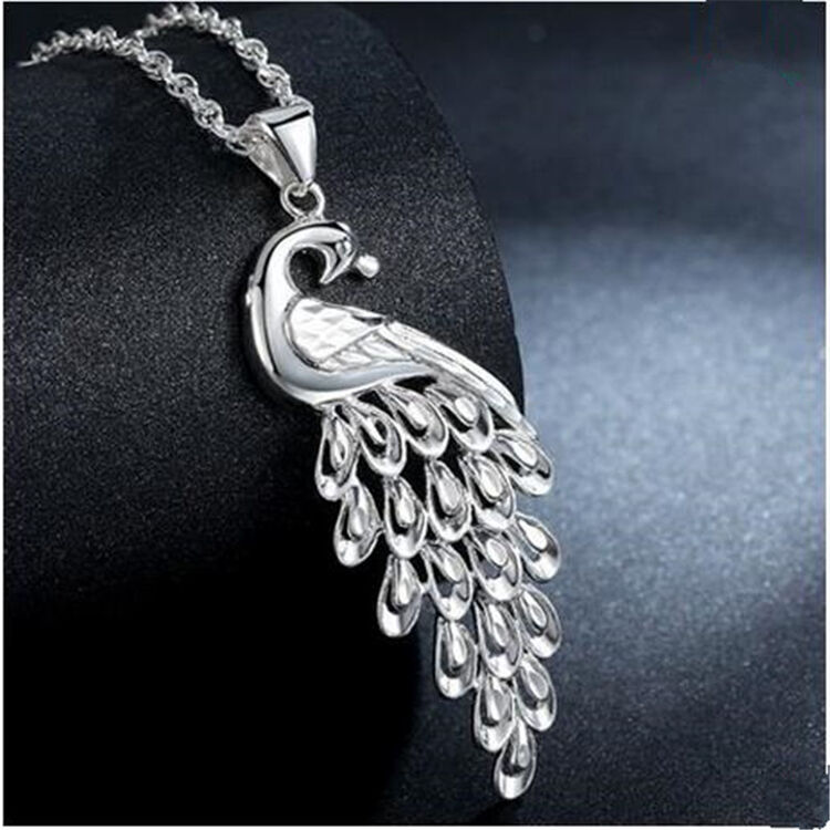 铭伽 女款银孔雀吊坠毛衣链锁骨链饰品生日礼物 单吊坠 双水波链