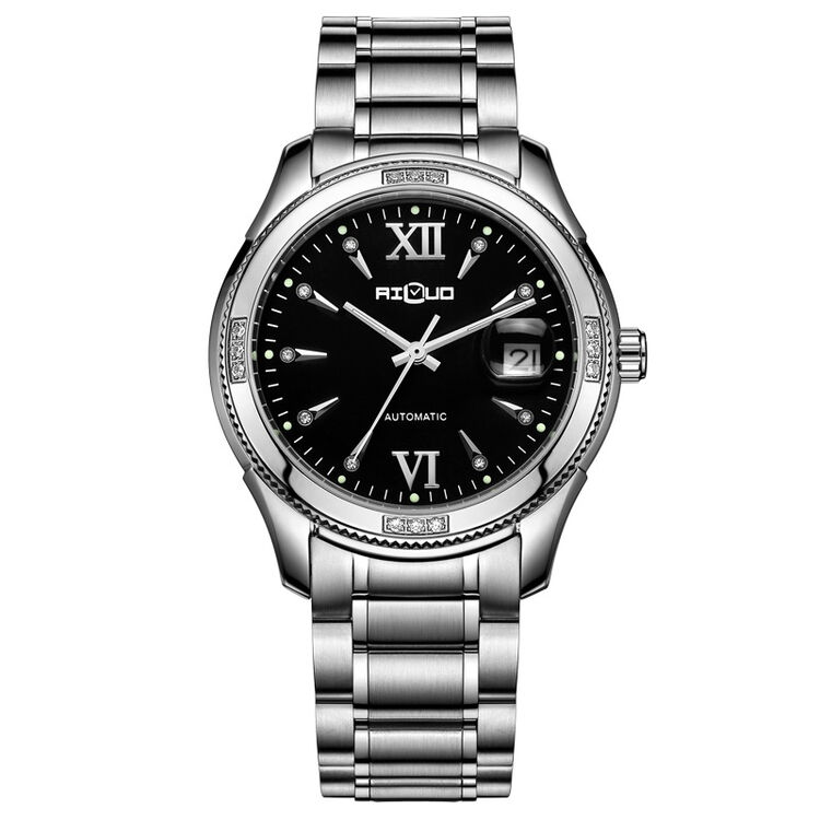 艾诺(ai luo)自动机械表 男士手表 镶钻夜光男表6001-2gh 精钢黑面