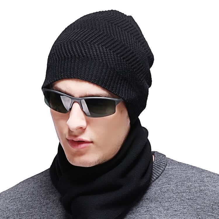 牧尼(muni)男士羊毛圆顶毛线帽保暖护耳(55cm-60cm)m3002黑色