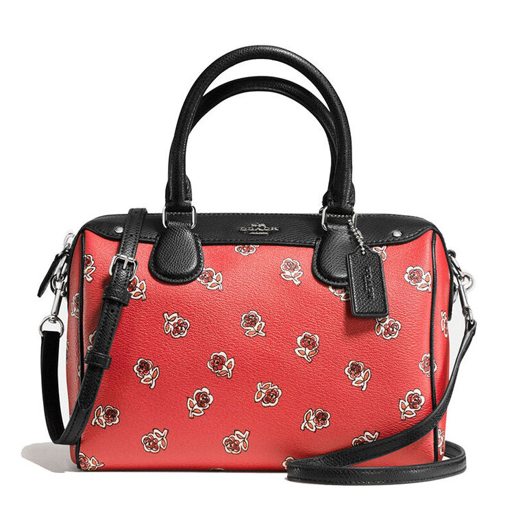 coach)新款女士小号玫瑰花印花单肩斜挎手提女包 f55465 橘红小花黑边