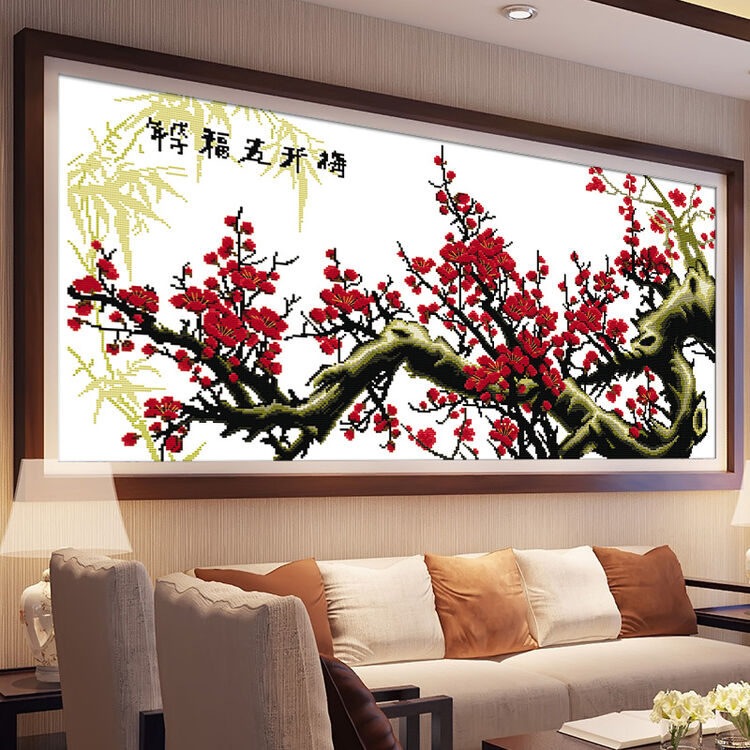 悟客(wuke) 梅开五福十字绣线绣新款梅花版立体绣红梅报春客厅小幅