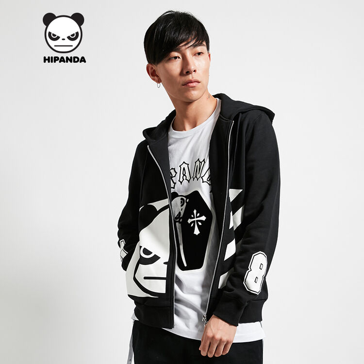 hipanda 你好熊猫 新品 设计潮牌 男款 半熊08拉链卫衣 黑色 180/xl