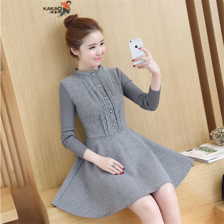 卡卡西2016女装毛呢连衣裙兔毛拼接花边领打底裙女 灰色 s