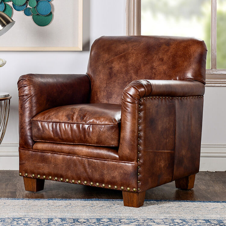 美式家具 洛克咖啡色进口头层牛皮单人沙发 单人休闲沙发