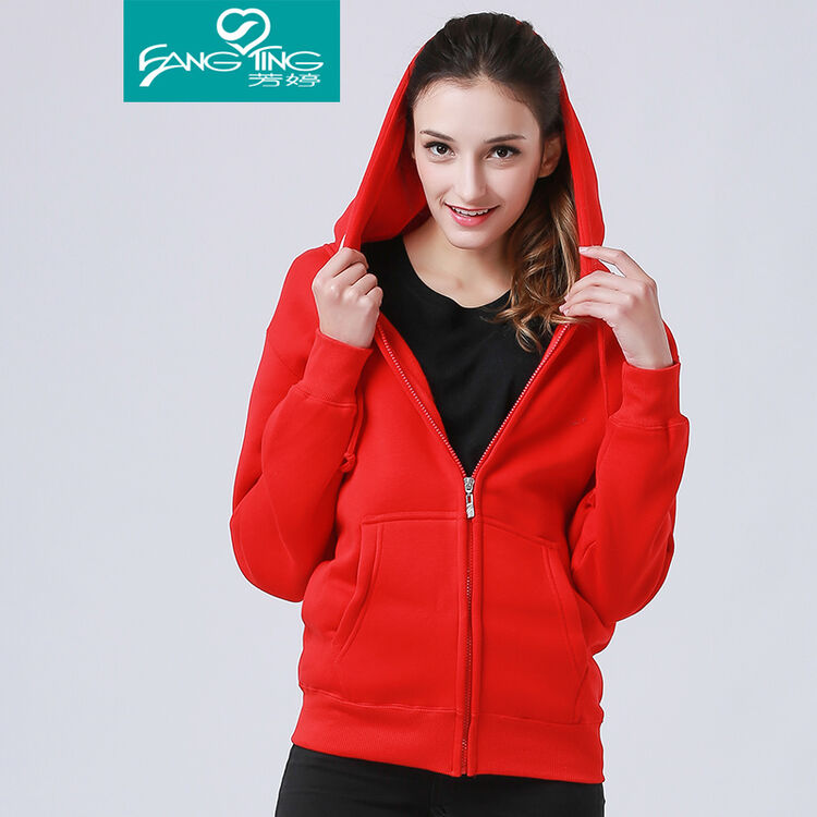芳婷 连帽卫衣女拉链纯色女士加绒长袖运动套头卫衣新疆棉纯色简约