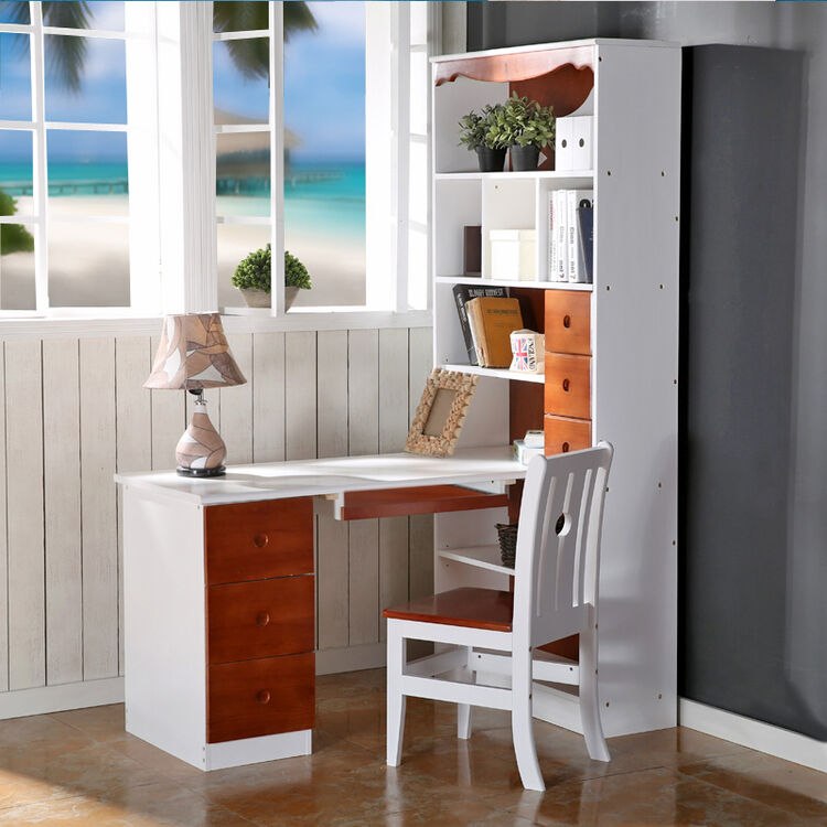 转角电脑桌台式松木书桌书柜组合简约学习桌带书架 全实木-套色电脑桌