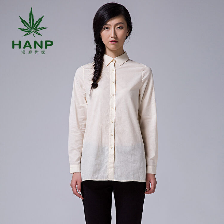 hanp/汉麻世家方领简约长袖衬衫 女印花棉麻衬衫 中长款纯色衬衣秋冬